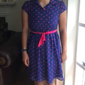 Blue polka dot belted dress